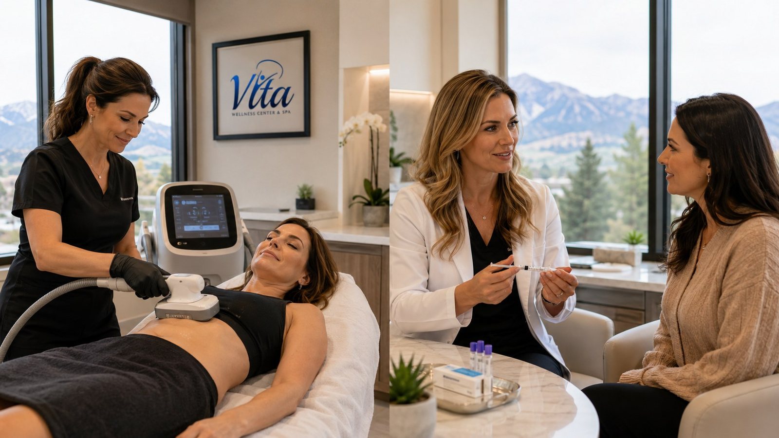 Split image comparing a non-invasive body sculpting session with a weight loss injection consultation at Vita Wellness in Greenwood Village