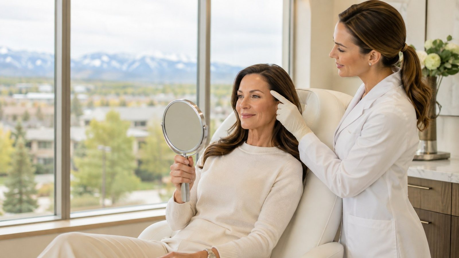Provider discussing forehead treatment areas with a first-time Botox patient holding a hand mirror at Vita Wellness in Greenwood Village, Colorado