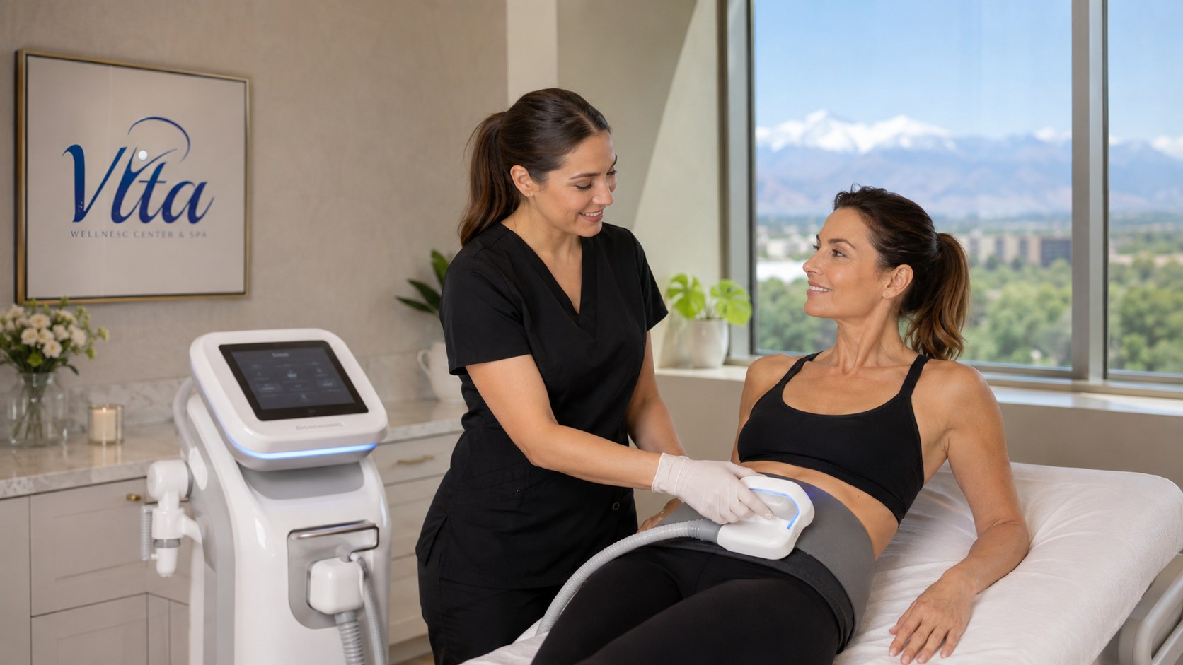 Provider reviewing a non-invasive body sculpting treatment plan with a patient at a Greenwood Village med spa