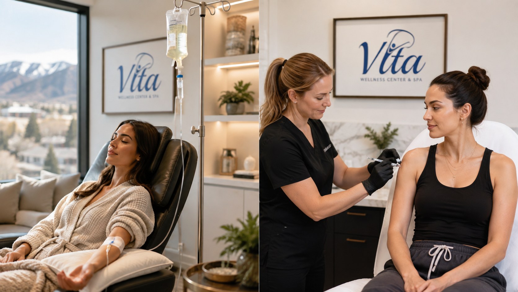Side by side comparison of an IV therapy drip setup and a vitamin injection tray at a Greenwood Village clinic